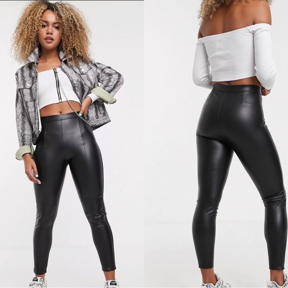 ASOS DESIGN Faux Leather Vegan High Waist Straight Black Pants Sz 8 - Picture 1 of 4